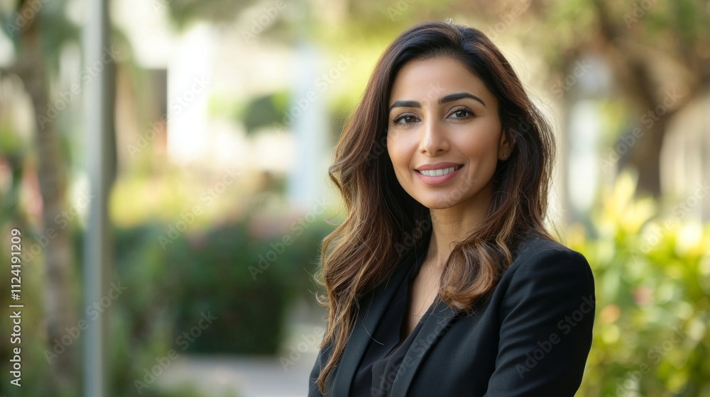 A middle eastern businesswoman stands gracefully in a vibrant outdoor environment, exuding confidence and sophistication A middle eastern businesswoman stands gracefully in a vibrant outdoor environment, exuding confidence and sophistication