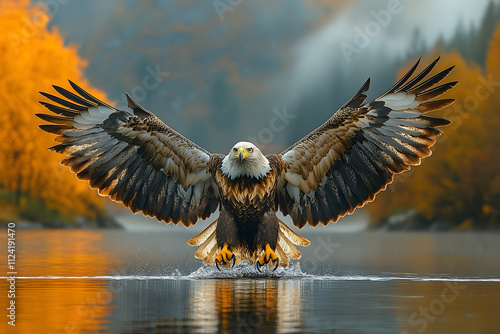 An eagle with its wings spread wide and its talons lightly touch the calm surface of a lake