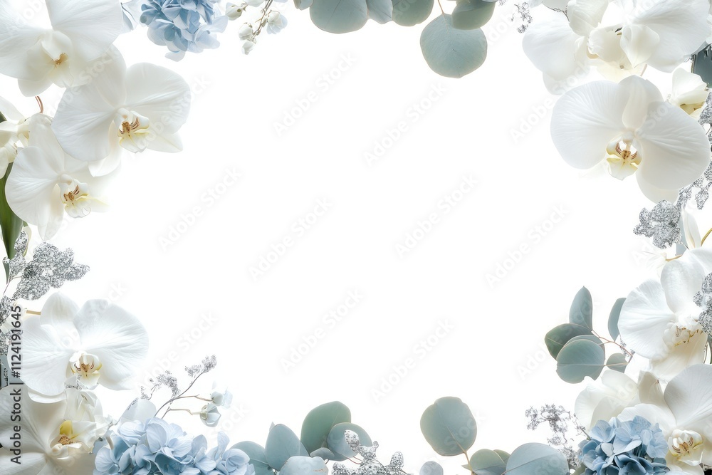A silver-accented wedding frame with white orchids, soft blue hydrangeas, and silver eucalyptus, isolated on white background A silver-accented wedding frame with white orchids, soft blue hydrangeas, and silver eucalyptus, isolated on white background