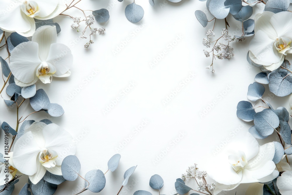 A silver-accented wedding frame with white orchids, soft blue hydrangeas, and silver eucalyptus, isolated on white background A silver-accented wedding frame with white orchids, soft blue hydrangeas, and silver eucalyptus, isolated on white background