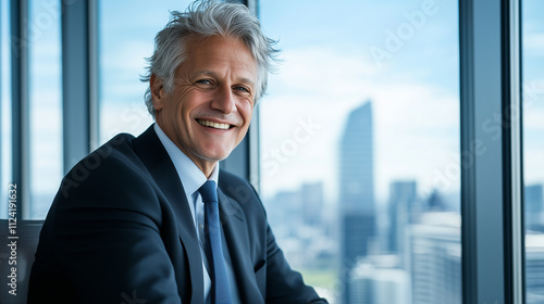 Senior businessman with silver hair dressed in a formal suit smiling while seated in an office