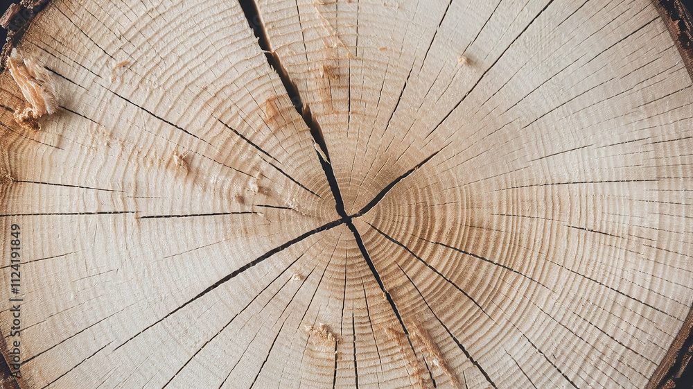 Fototapeta premium Close-up of Poplar tree cut surface featuring detailed tree rings, cracks, and a smooth grain pattern, ideal for backgrounds, natural designs, and woodworking material references. 