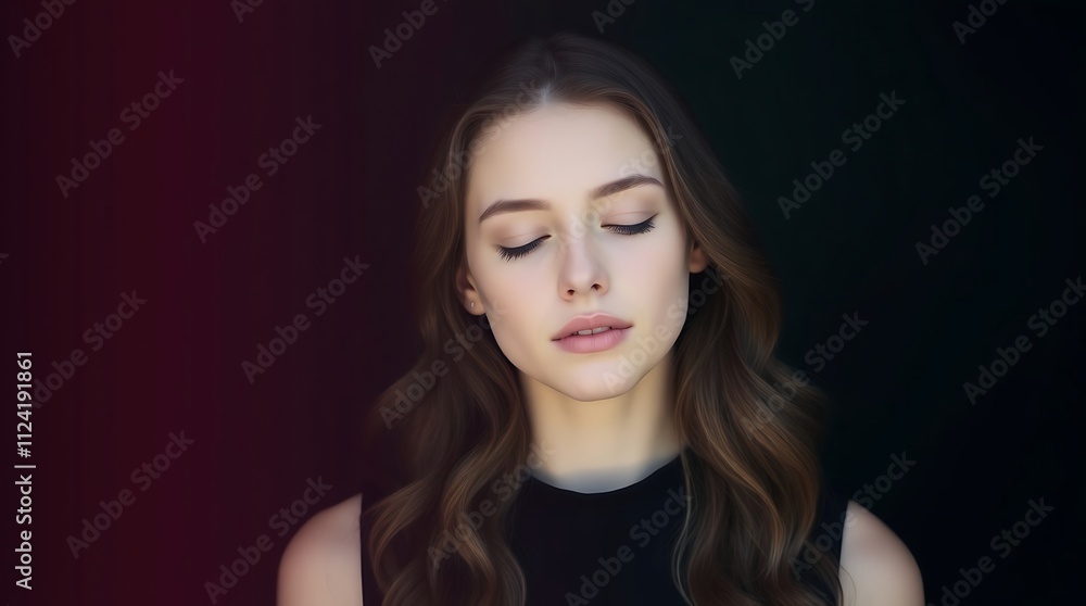 young woman with closed eyes, bathed in soft natural light and shadows against a green backdrop. Her relaxed pose and gentle expression create a mood of calm and introspection young woman with closed eyes, bathed in soft natural light and shadows against a green backdrop. Her relaxed pose and gentle expression create a mood of calm and introspection