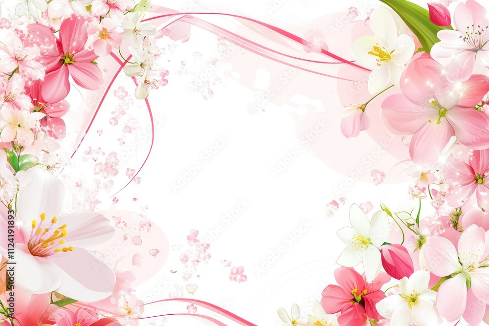 A spring wedding frame with cherry blossoms, tulips, and daffodils, bright and fresh, on a clean white background A spring wedding frame with cherry blossoms, tulips, and daffodils, bright and fresh, on a clean white background