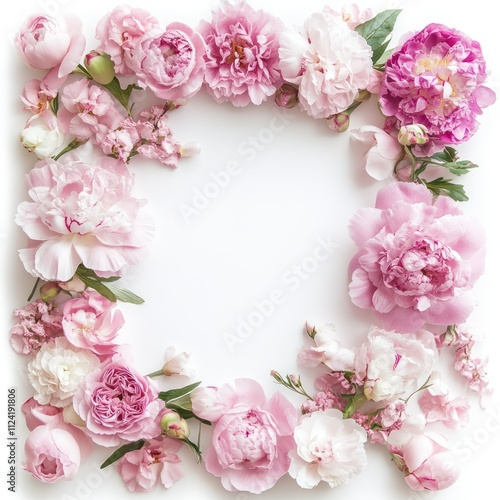 Wallpaper Mural A soft pink floral frame with peonies, ranunculus, and carnations, pastel and lifelike, on a white background Torontodigital.ca