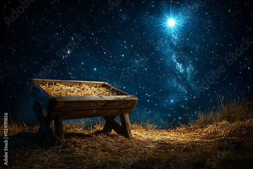 An empty manger and a bright star in sky at night, concept of nativity scene