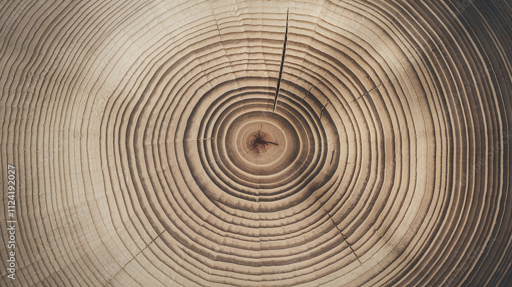 Fototapeta premium Close-up of Poplar tree cut surface featuring detailed tree rings, cracks, and a smooth grain pattern, ideal for backgrounds, natural designs, and woodworking material references. 
