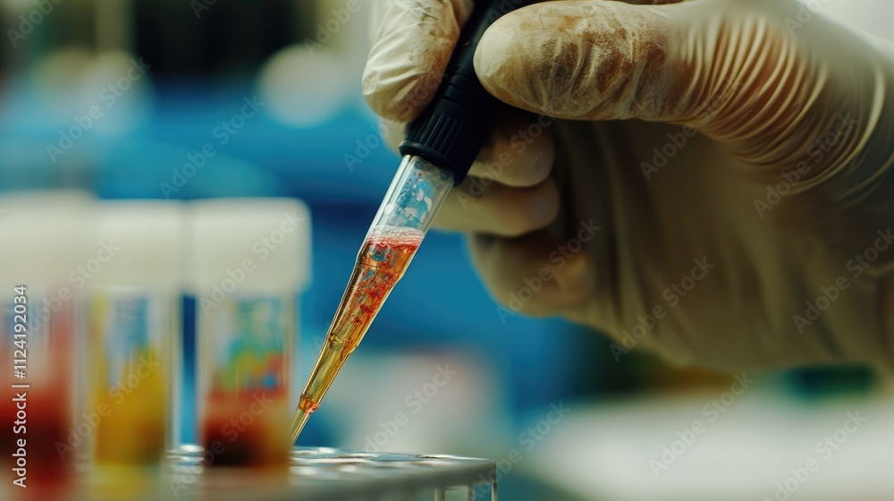 Close-up of a scientistas gloved hand holding a pipette over a test tube with colorful liquid. Close-up of a scientistas gloved hand holding a pipette over a test tube with colorful liquid.
