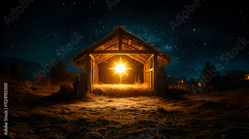 An empty manger and a bright star in sky at night, concept of nativity scene