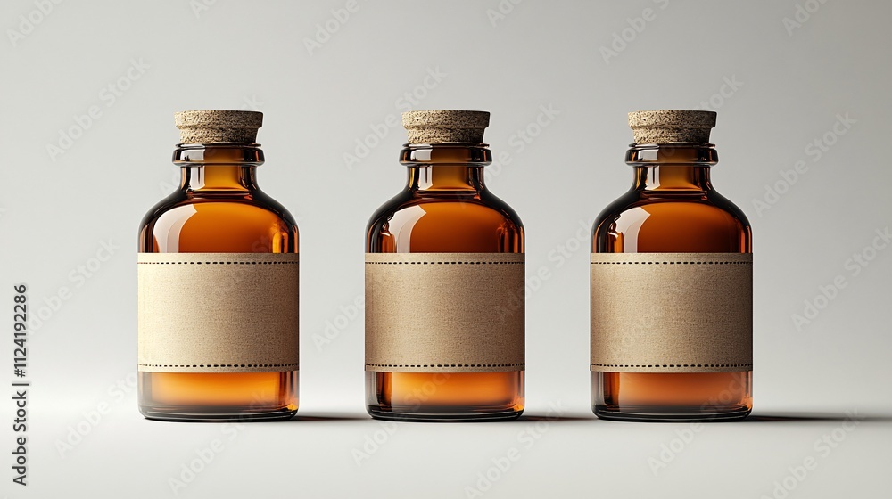 Three Amber Glass Bottles with Clean Labels Three Amber Glass Bottles with Clean Labels