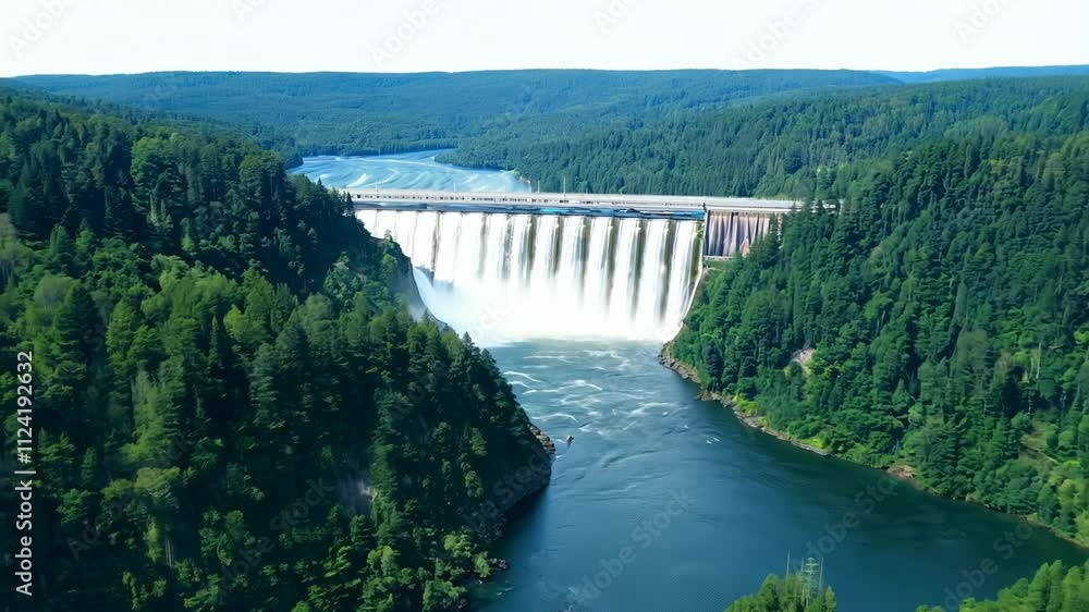 Aerial view of a hydroelectric power station on a forest river. An aerial perspective showcases the harmonious blend of technology and nature at the power station. Aerial view of a hydroelectric power station on a forest river. An aerial perspective showcases the harmonious blend of technology and nature at the power station.