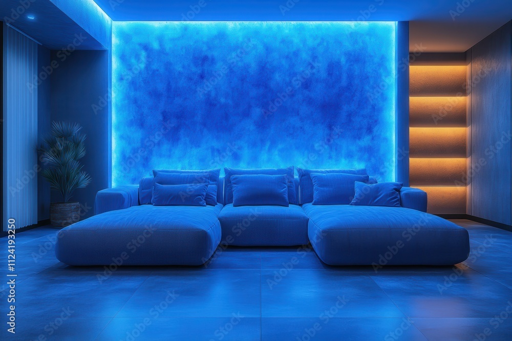 A modern living room with blue lighting and a spacious sectional sofa for relaxation. A modern living room with blue lighting and a spacious sectional sofa for relaxation.