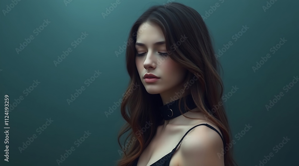 young woman with closed eyes, bathed in soft natural light and shadows against a green backdrop. Her relaxed pose and gentle expression create a mood of calm and introspection young woman with closed eyes, bathed in soft natural light and shadows against a green backdrop. Her relaxed pose and gentle expression create a mood of calm and introspection