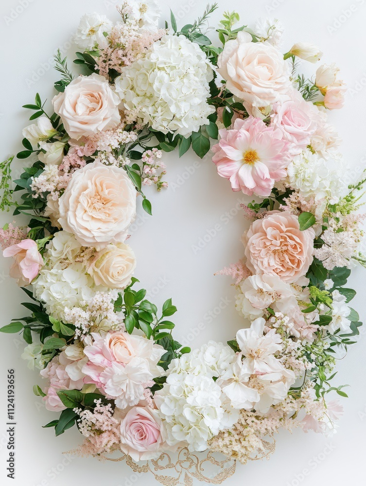 An oval floral wedding frame featuring blush pink garden roses, white hydrangeas isolated on a white background An oval floral wedding frame featuring blush pink garden roses, white hydrangeas isolated on a white background