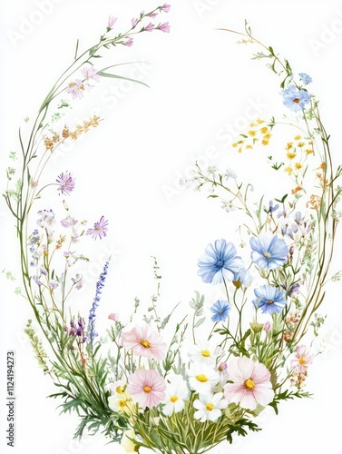 An oval frame with pastel wildflowers, delicate grasses, and small white blossoms isolated on white background