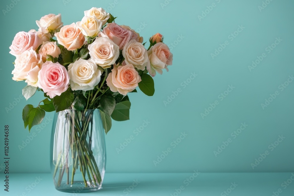 Fototapeta premium Graceful Arrangement of Polished Pastel Roses in a Clear Vase for Elegant Home Decor