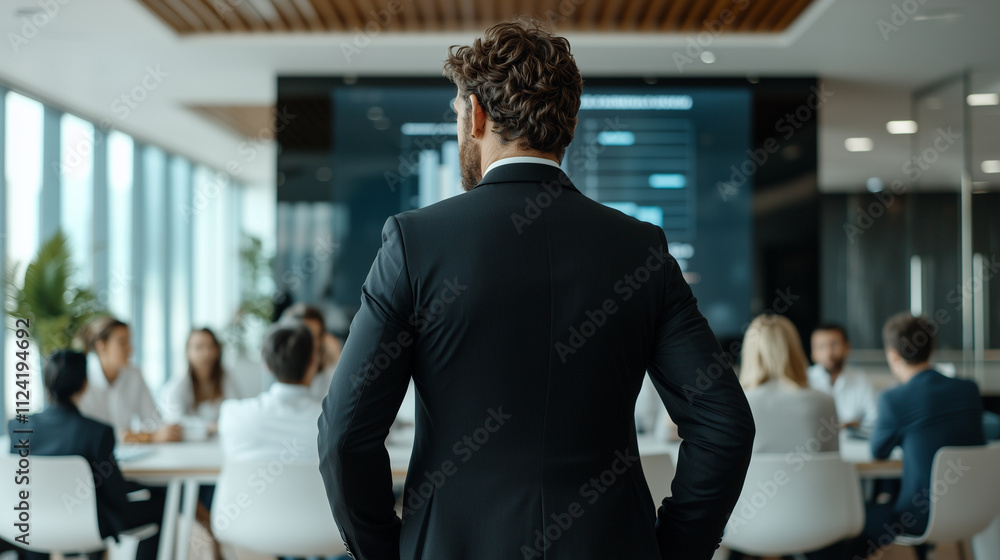 Experienced CEO in a dark suit standing confidently in front of a group of employees Experienced CEO in a dark suit standing confidently in front of a group of employees
