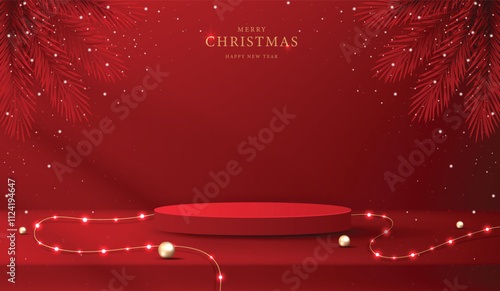 Podium shape for show cosmetic product display for christmas day or new years. Stand product showcase on red background with lighting christmas. vector design.
