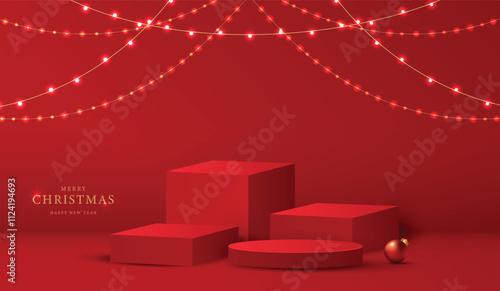 Podium shape for show cosmetic product display for christmas day or new years. Stand product showcase on red background with lighting christmas. vector design.