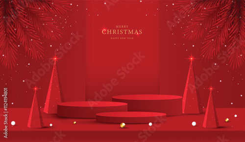 Podium shape for show cosmetic product display for christmas day or new years. Stand product showcase on red background with lighting christmas. vector design.