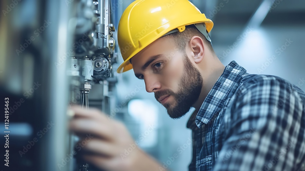 Focused male technician inspecting industrial machinery. Focused male technician inspecting industrial machinery.