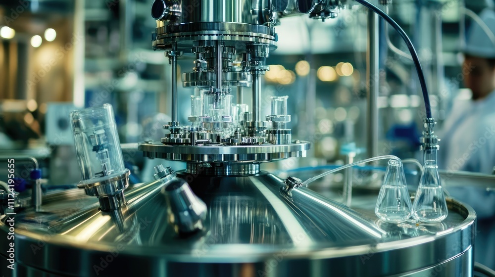 Fototapeta premium Close-up of stainless steel bioreactor in pharmaceutical lab.