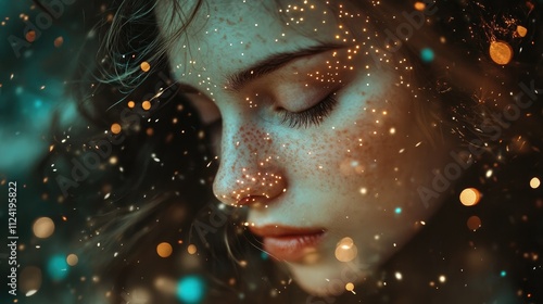 Close-up portrait of a freckled girl with eyes closed, surrounded by sparkling lights.