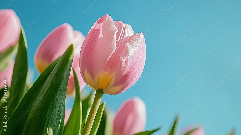 Pink Tulips in Full Bloom Against Clear Blue Sky Pink Tulips in Full Bloom Against Clear Blue Sky