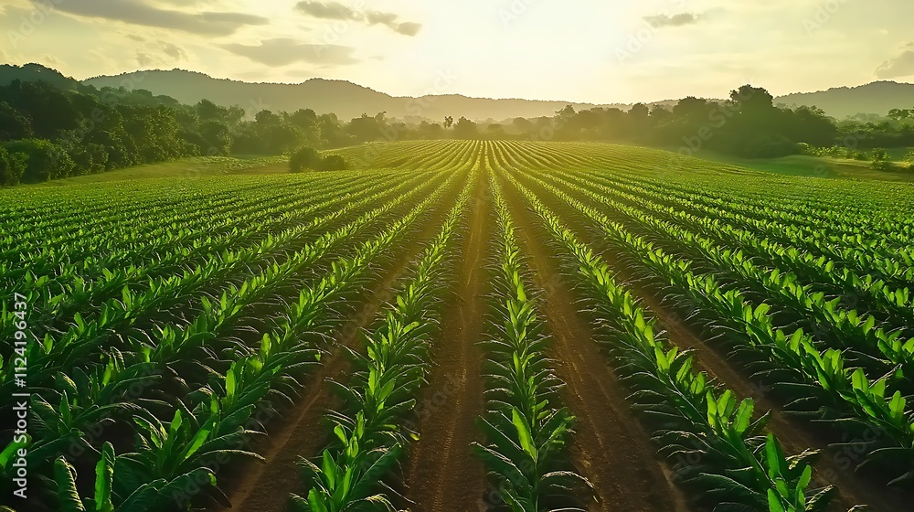 Golden Hour over Lush Green Cornfields in Rural Southeast Asia. AI Generated Golden Hour over Lush Green Cornfields in Rural Southeast Asia. AI Generated