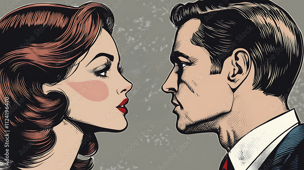 Mid-Century Modern Romance: A Hand-Drawn Illustration of a Couple's Silent Conversation. AI Generated Mid-Century Modern Romance: A Hand-Drawn Illustration of a Couple's Silent Conversation. AI Generated