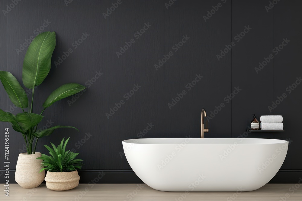 Fototapeta premium Modern Minimalist Bathroom with Dark Vertical Panels and White Freestanding Tub