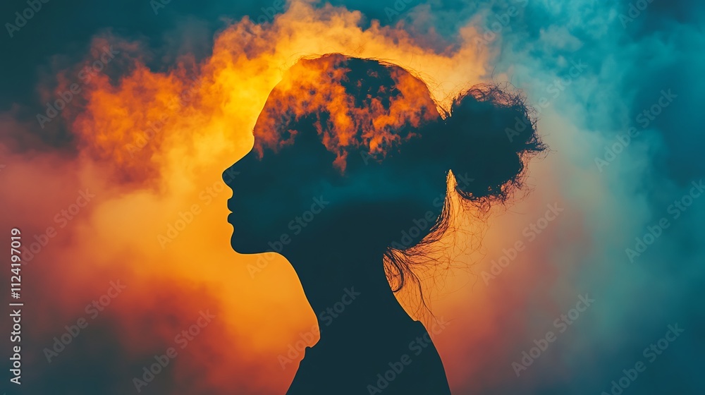 Fiery Emotions: Digital Painting of a Woman Silhouette in a Smoky, Abstract Landscape. AI Generated Fiery Emotions: Digital Painting of a Woman Silhouette in a Smoky, Abstract Landscape. AI Generated