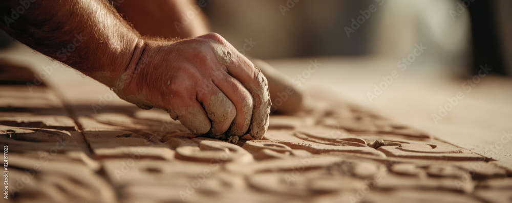 Craftsman hand applying mortar to decorative bricks, showcasing skilled craftsmanship and attention to detail in warm, inviting environment Craftsman hand applying mortar to decorative bricks, showcasing skilled craftsmanship and attention to detail in warm, inviting environment