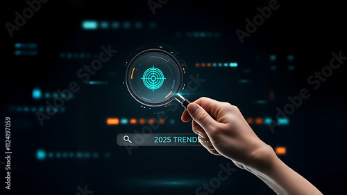 Future Trends Search business market analysis .A hand holding a magnifying glass over the text "2025 TRENDS," symbolizing research, and prediction for future development ,market ,technology 