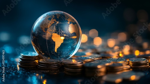 Glass globe on stacks of coins, global finance concept.