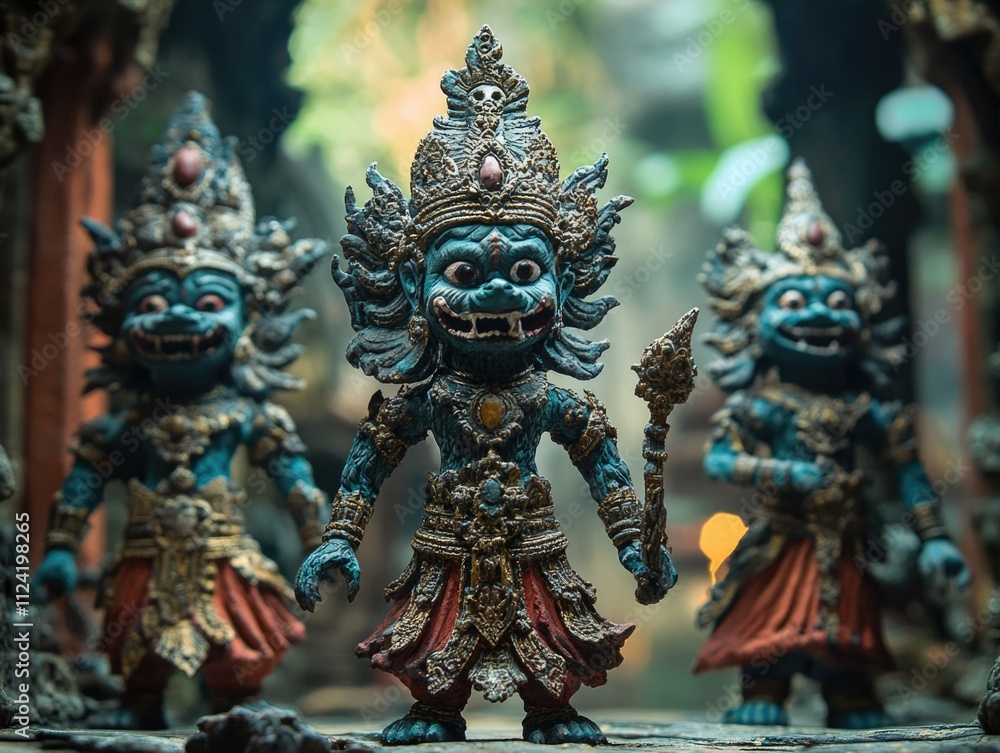 Fototapeta premium Thai warrior statues in diorama setting, mythological cultural statues, handcrafted art display