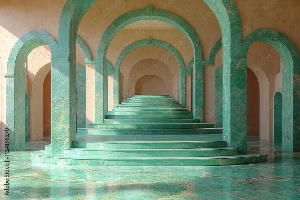 Obraz premium A serene interior featuring green marble stairs and arches, creating a tranquil atmosphere.
