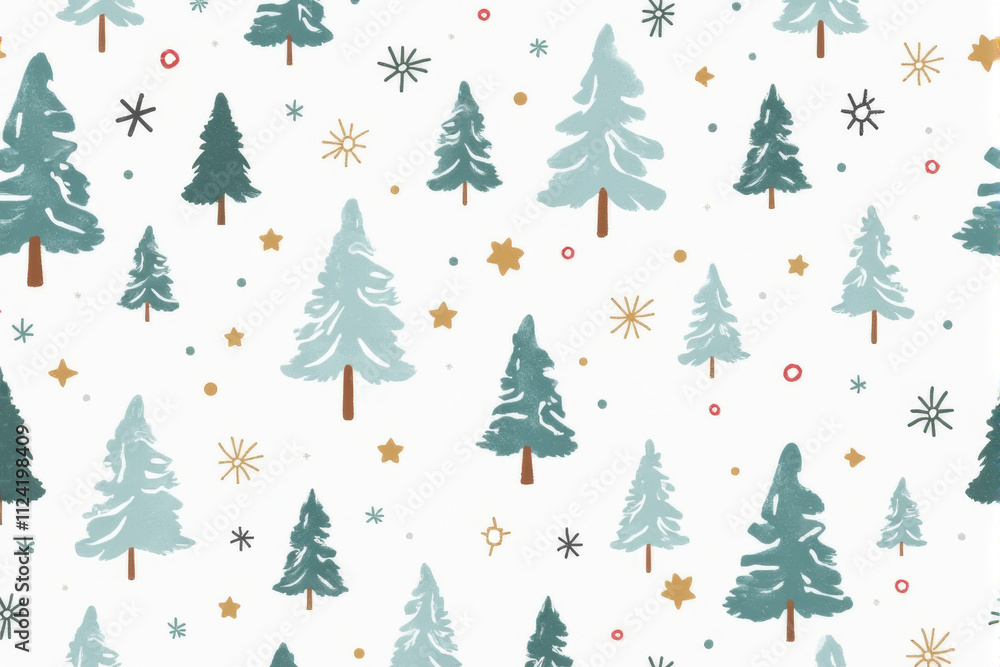 Obraz premium A cozy snow-themed Christmas pattern showcasing intricate snowflakes, soft winter tones, and snowy trees for a warm, festive design..