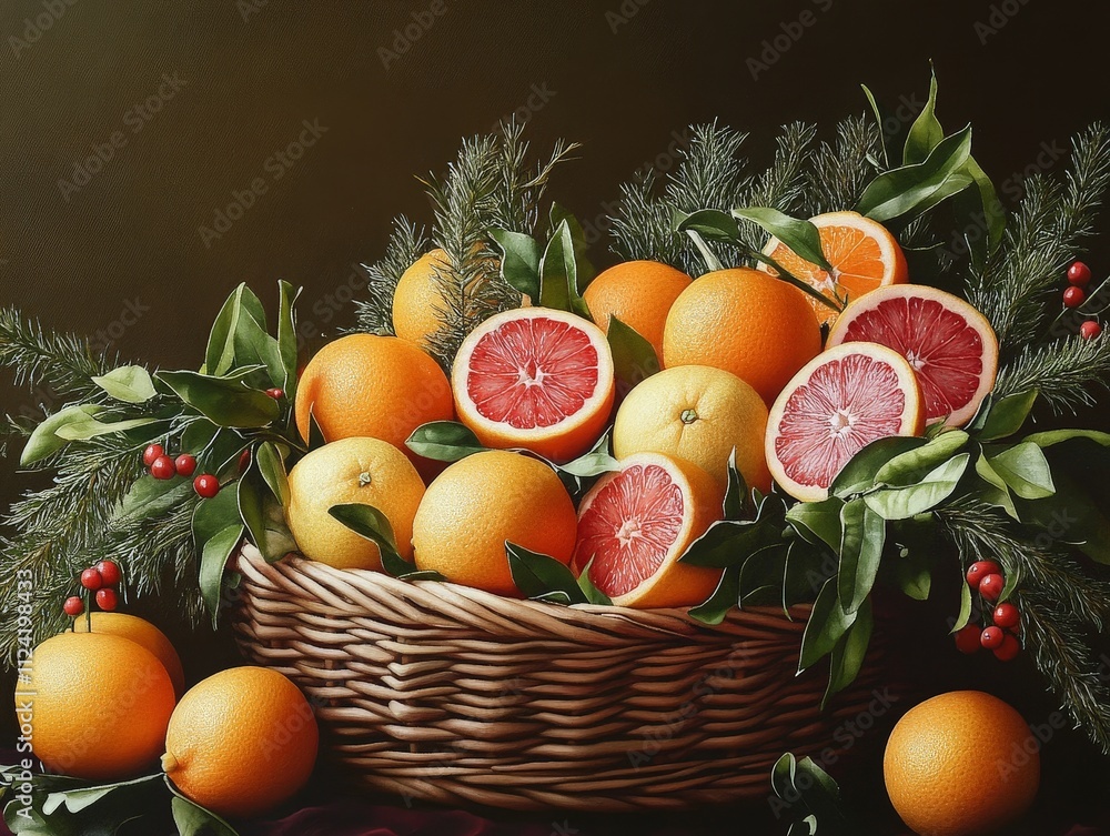 A basket of winter citrus fruits, including oranges and grapefruits, arranged in a festive setting A basket of winter citrus fruits, including oranges and grapefruits, arranged in a festive setting