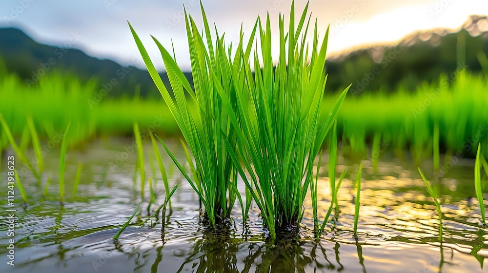Fototapeta premium Vibrant Green Rice Paddy Field at Sunset