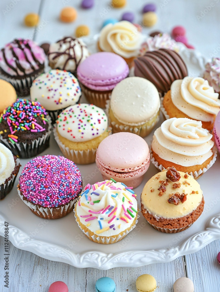 A vibrant display of delightful desserts, featuring cupcakes, macarons, and cookies, elegantly presented on a white plate, ideal for celebrations. A vibrant display of delightful desserts, featuring cupcakes, macarons, and cookies, elegantly presented on a white plate, ideal for celebrations.