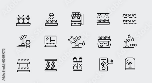 Urban farming icons. Set of 15 urban farming trendy minimal icons. Seedling, watering, home cultivation, vertical farming. Design signs for web page, mobile app, packaging design. Vector illustration.