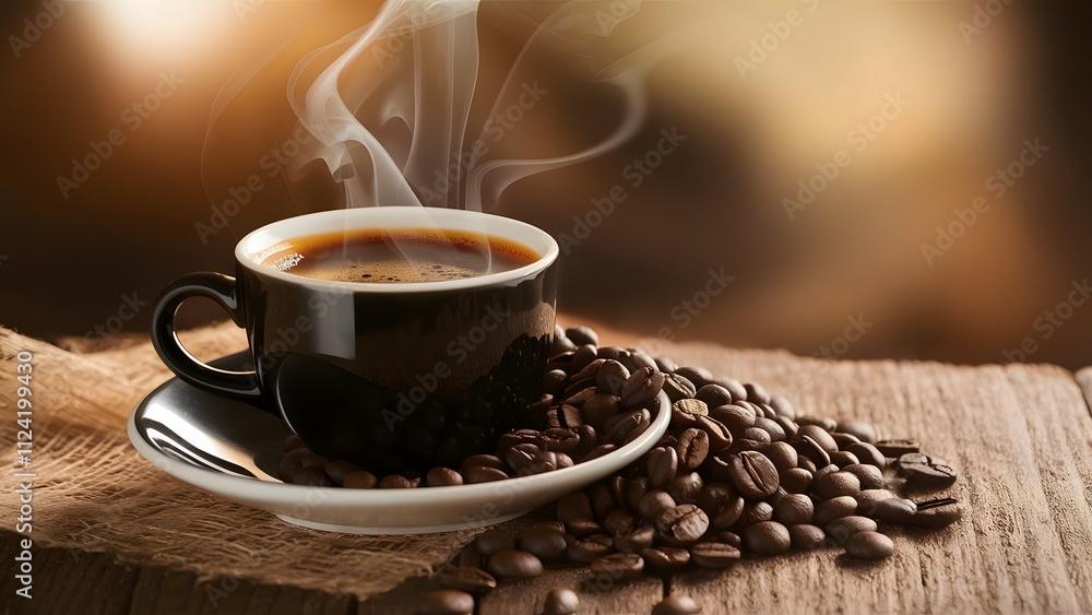 black coffee and smoke in the morning. Cup of coffee and roasted beans on wooden table. Hot drink with steam smoke. The most super delicious steaming brew of coffee. black coffee and smoke in the morning. Cup of coffee and roasted beans on wooden table. Hot drink with steam smoke. The most super delicious steaming brew of coffee.