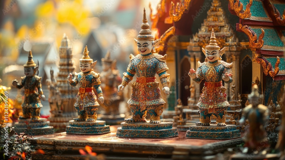 Fototapeta premium Row of Thai temple guardians in a ceremonial display, cultural artistry in sculpture, traditional heritage diorama