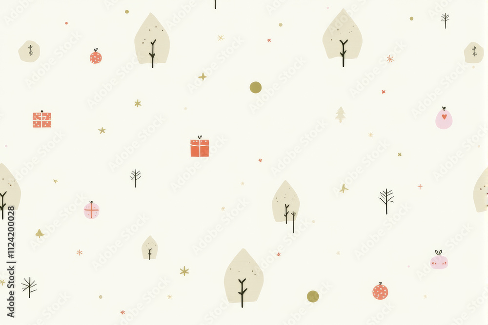 Naklejka premium A winter-themed Christmas pattern featuring snow-covered trees, mittens, scarves, and cozy seasonal accessories in soft pastel hues..