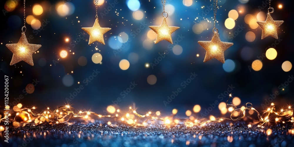 Obraz premium Dark Blue Background with Glittering Golden Stars and Bokeh Effects, Ideal for Holiday and Celestial Themes in Stock Photography