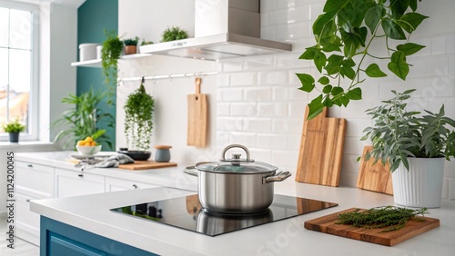 Modern Bright Kitchen with Marble, Teal Accents & Fresh Herbs V2