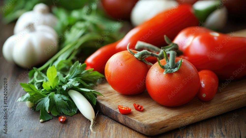 Fresh tomatoes, peppers, garlic, parsley, and radish on a wooden cutting board. Fresh tomatoes, peppers, garlic, parsley, and radish on a wooden cutting board.