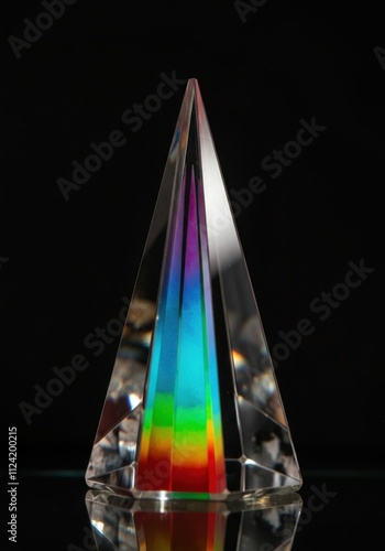 Crystal prism reflecting colorful light spectrum on black background