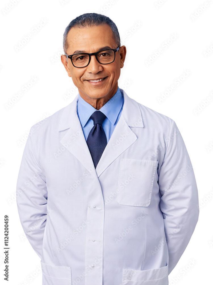 mixed ethnicity man aged 50 years old, wearing medical uniform, looking friendly with glasses, with buzz cut and black hair. mixed ethnicity man aged 50 years old, wearing medical uniform, looking friendly with glasses, with buzz cut and black hair.